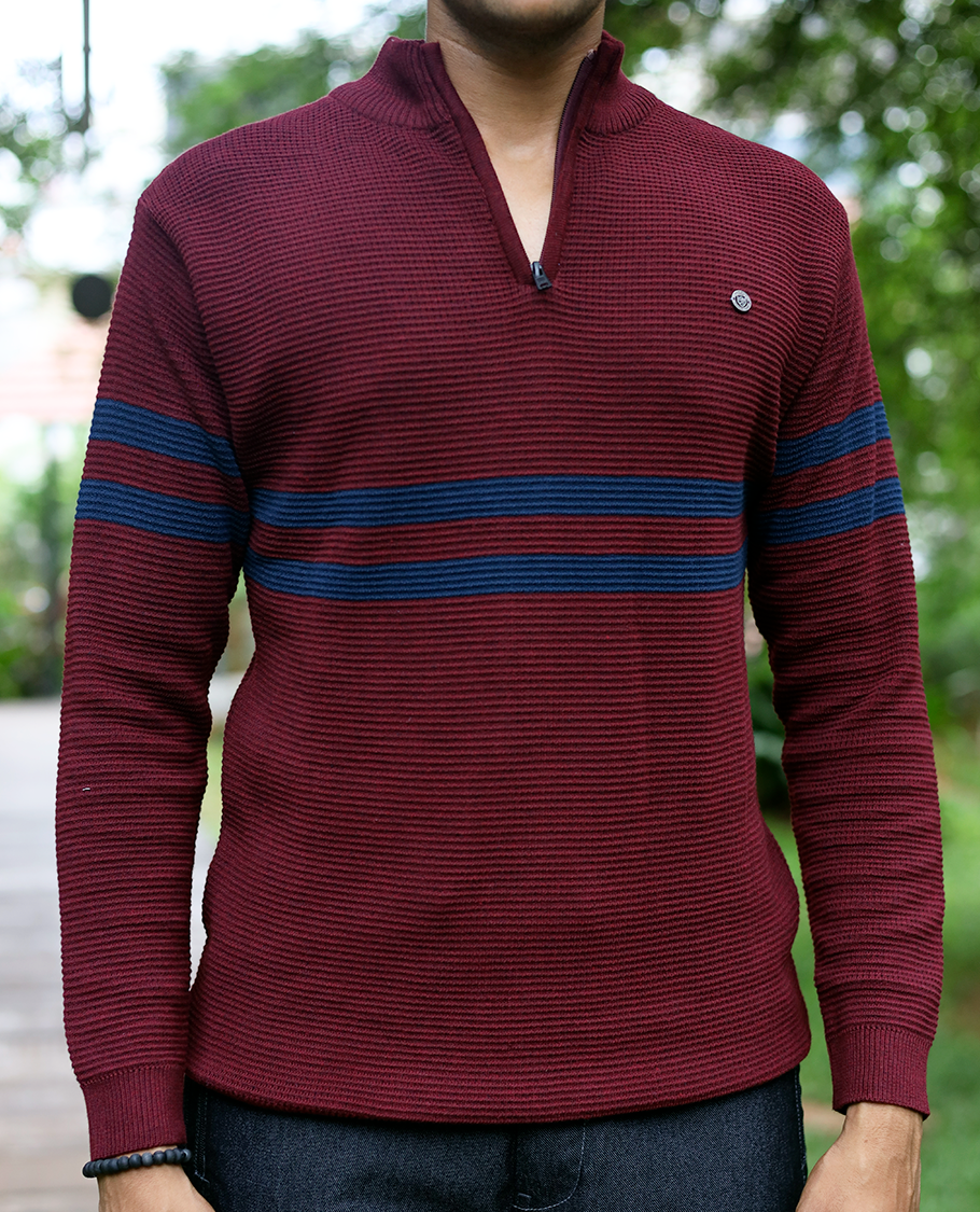 Maroon Striped Cotton-Blended T-Shirt Features Full Sleeves, a Slim Fit, a High Crew Neck, and a Regular Length