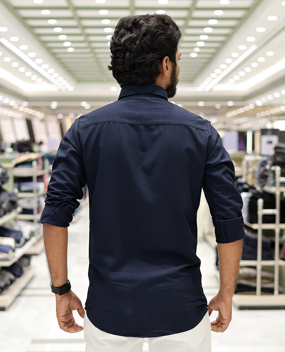 Navy Cotton-Blended Party Wear Shirt, Comes with Floral Print, Full Sleeves, a Spread Collar, a Slim Fit, and Regular Length