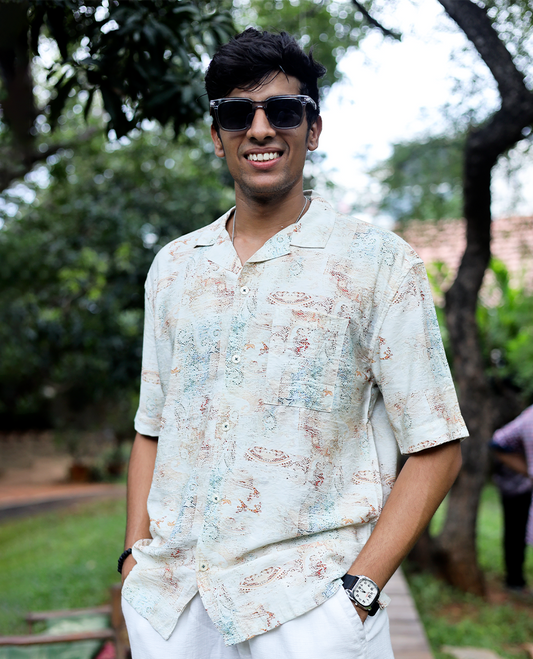 White Cotton-Blended Casual Shirt Adorned with Abstract-Painting-Style Print, Half Sleeves, a Regular Fit, a Cuban Collar, and a Regular Length