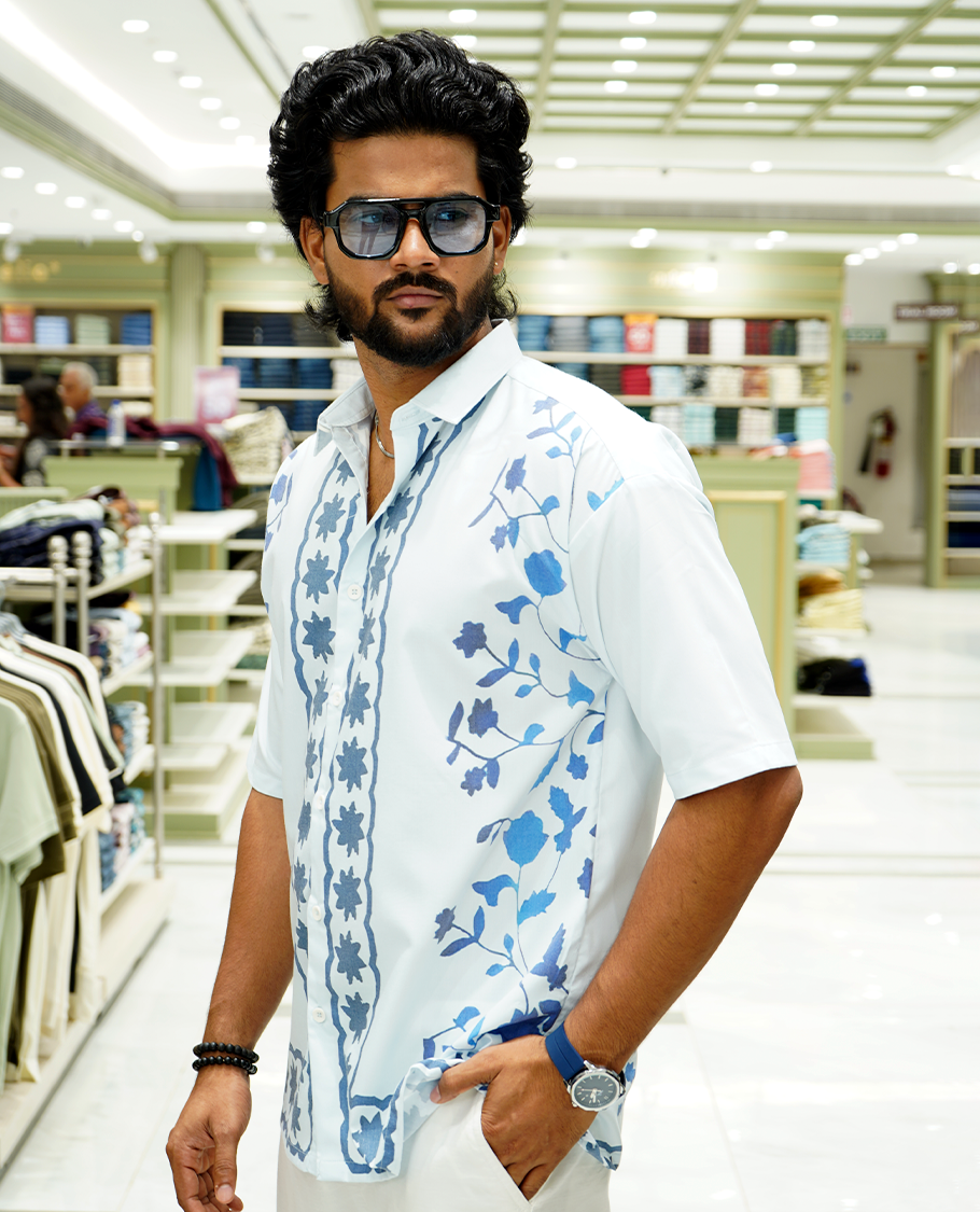Light Blue Cotton-Blended Casual Shirt Features Floral Vine Print, Full Sleeves, a Spread Collar, a Slim Fit, and a Regular Length