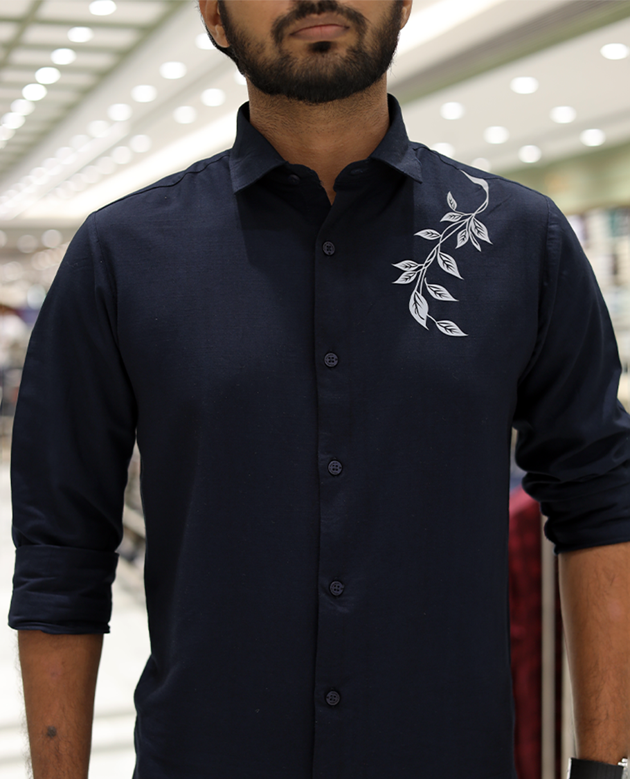 Navy Cotton-Blended Party Wear Shirt, Comes with Floral Print, Full Sleeves, a Spread Collar, a Slim Fit, and Regular Length