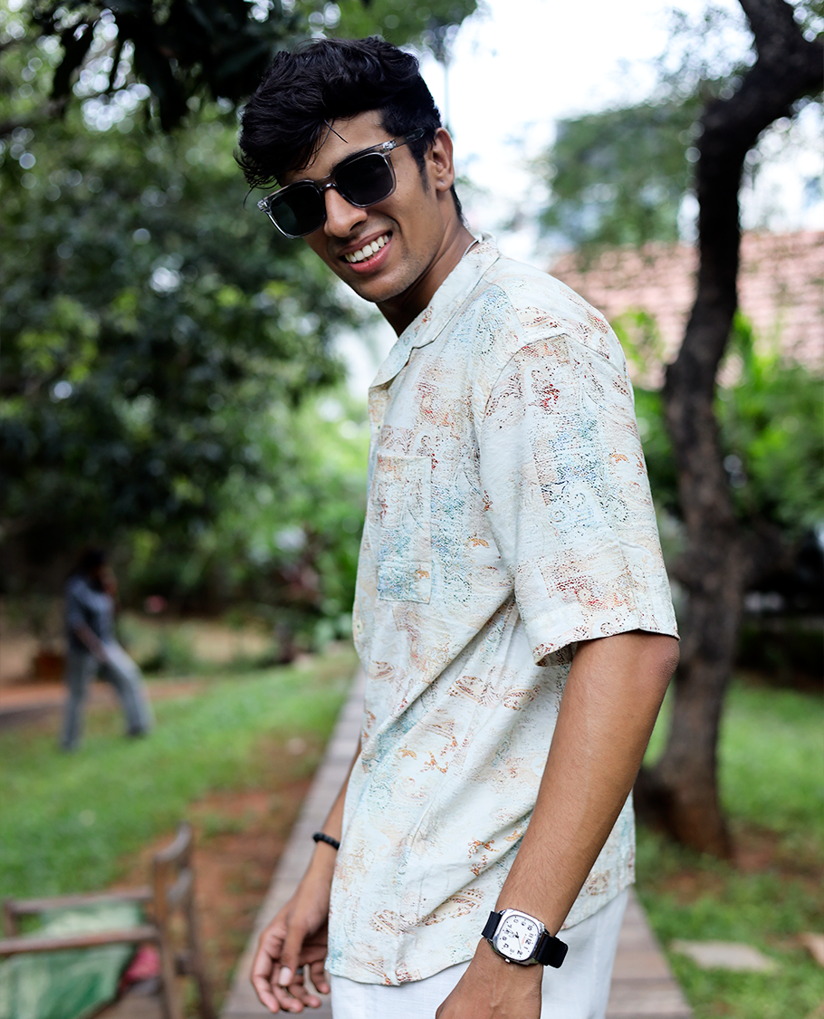 White Cotton-Blended Casual Shirt Adorned with Abstract-Painting-Style Print, Half Sleeves, a Regular Fit, a Cuban Collar, and a Regular Length
