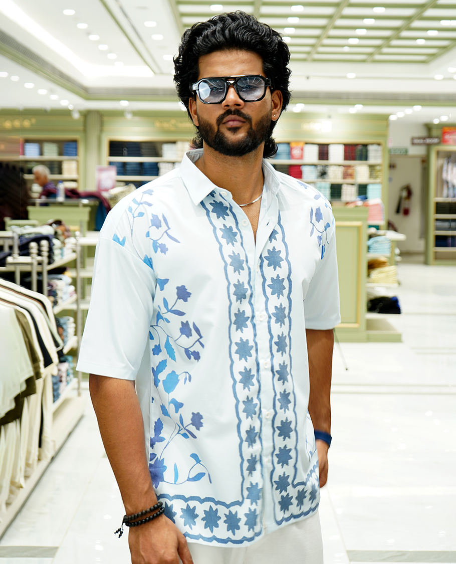 Light Blue Cotton-Blended Casual Shirt Features Floral Vine Print, Full Sleeves, a Spread Collar, a Slim Fit, and a Regular Length
