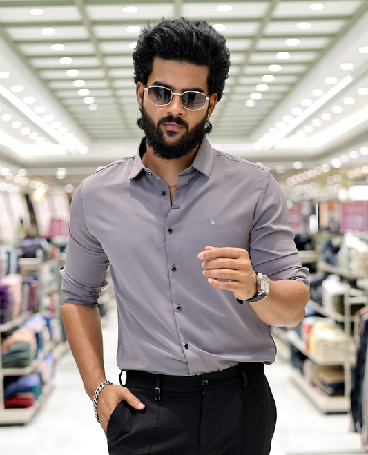 Grey Solid Poly-Blended Formal Shirt Features Full Sleeves, a Slim Fit, a Spread Collar, and Regular Length