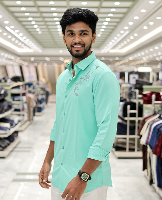 Green Cotton-Blended Party Wear Shirt, Comes with Floral Print, Full Sleeves, a Spread Collar, a Slim Fit, and Regular Length