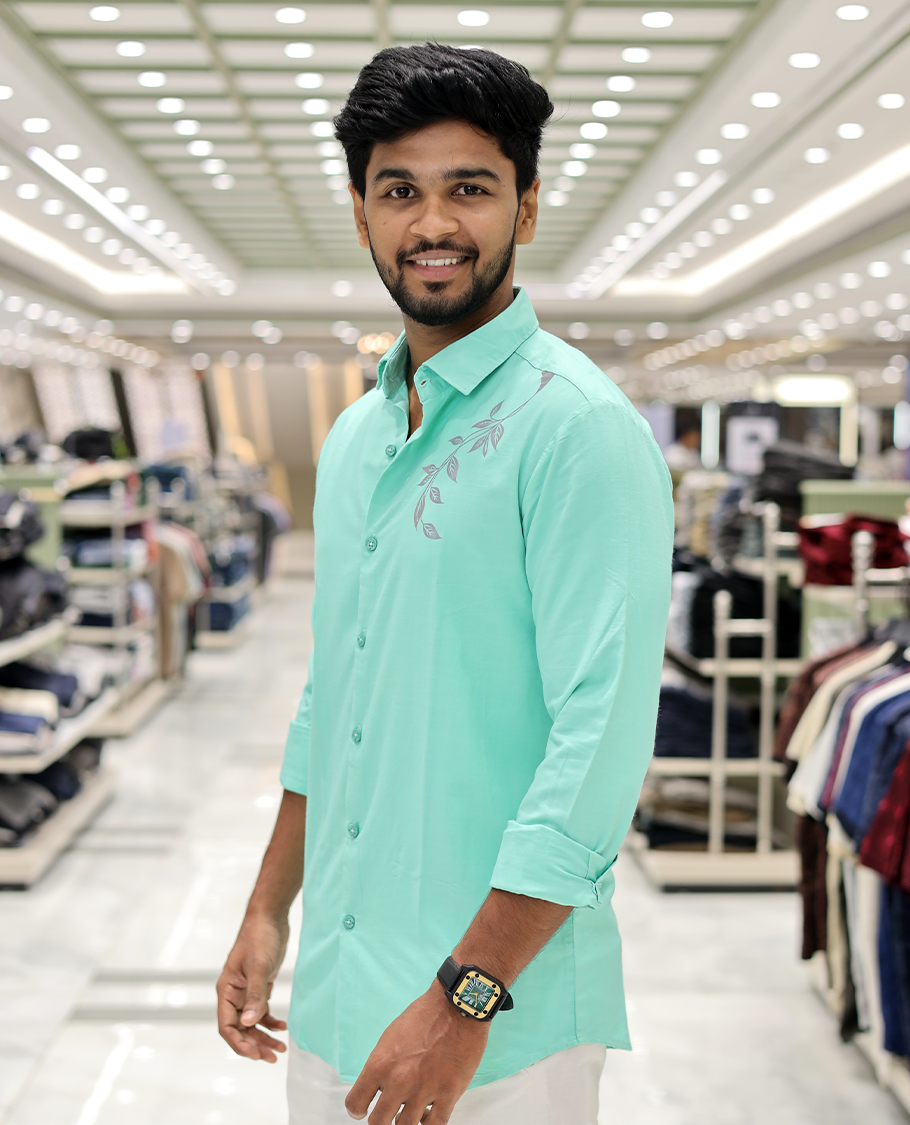 Green Cotton-Blended Party Wear Shirt, Comes with Floral Print, Full Sleeves, a Spread Collar, a Slim Fit, and Regular Length