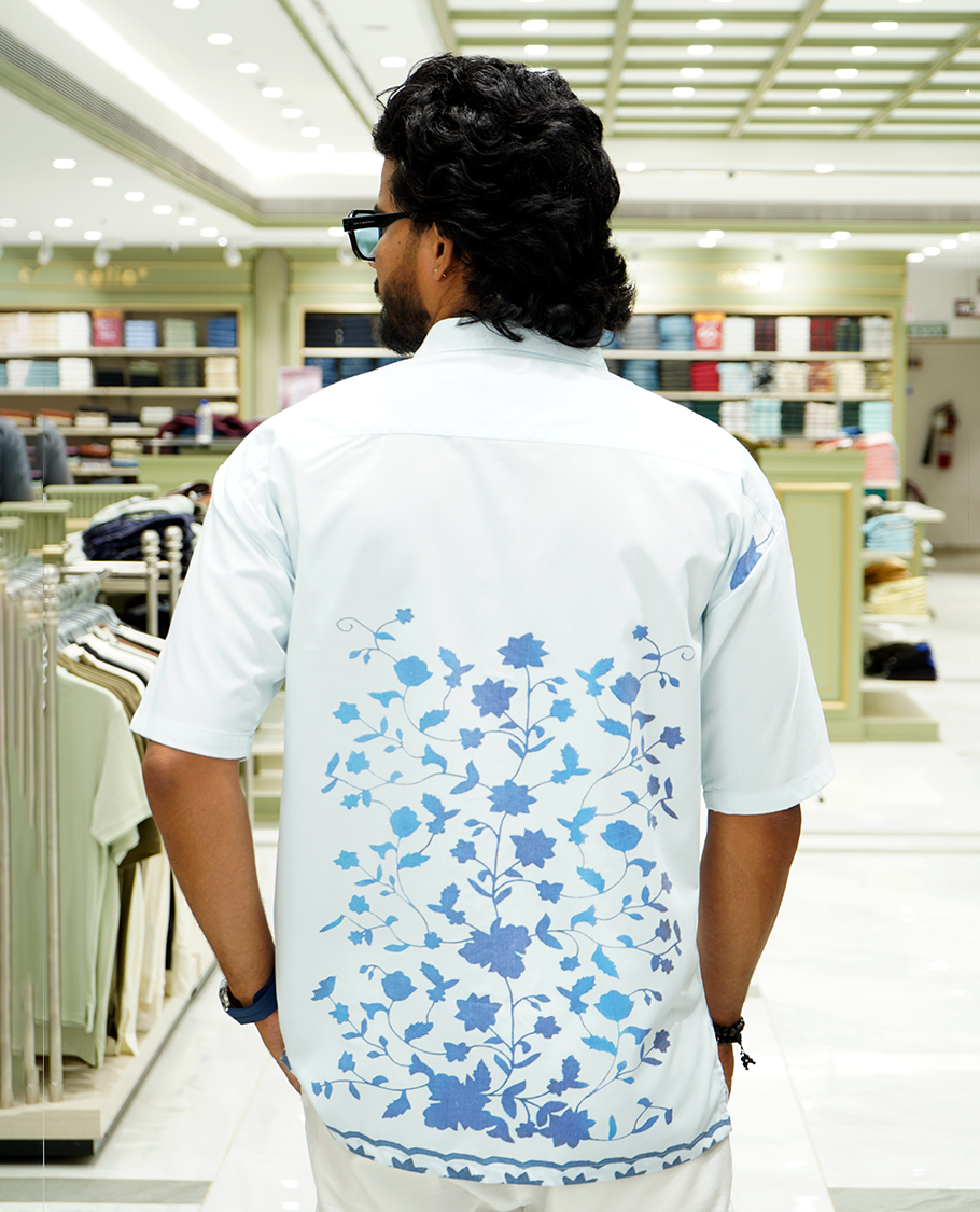 Light Blue Cotton-Blended Casual Shirt Features Floral Vine Print, Full Sleeves, a Spread Collar, a Slim Fit, and a Regular Length