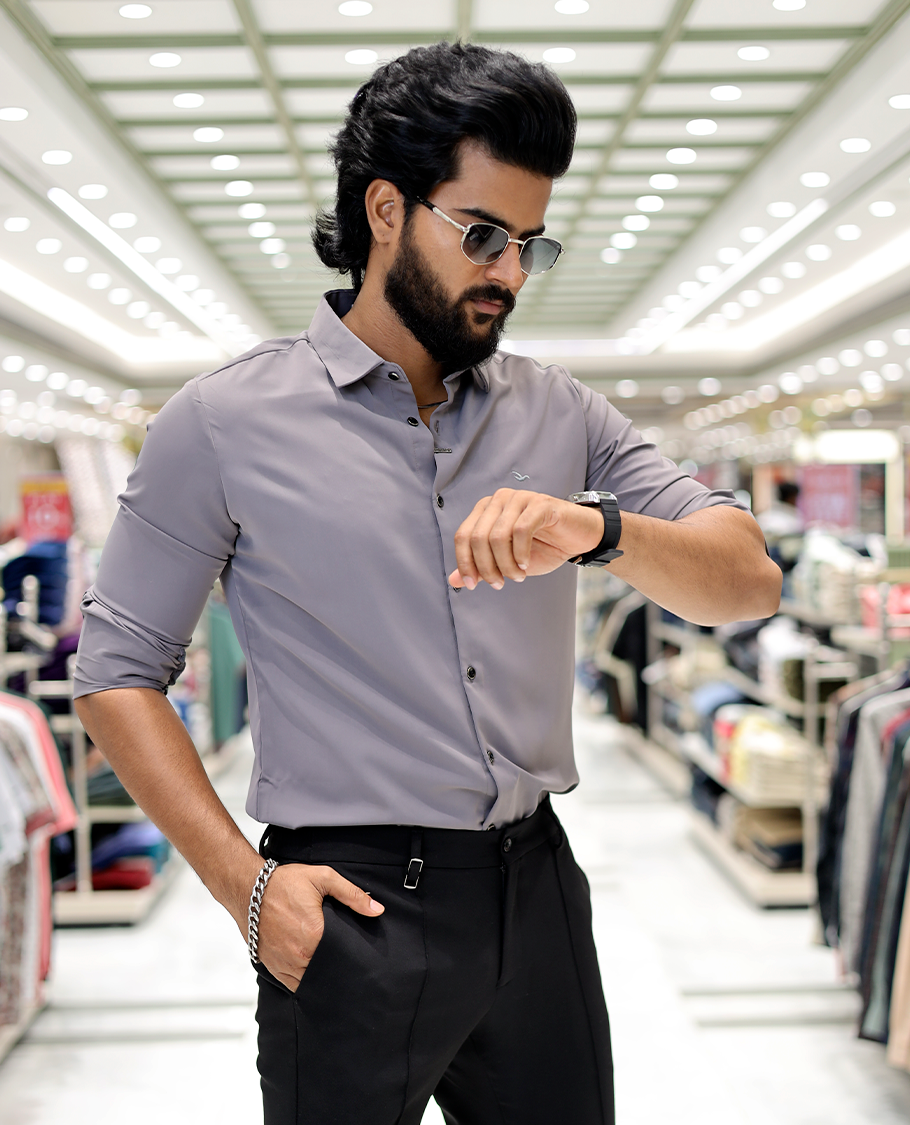 Grey Solid Poly-Blended Formal Shirt Features Full Sleeves, a Slim Fit, a Spread Collar, and Regular Length