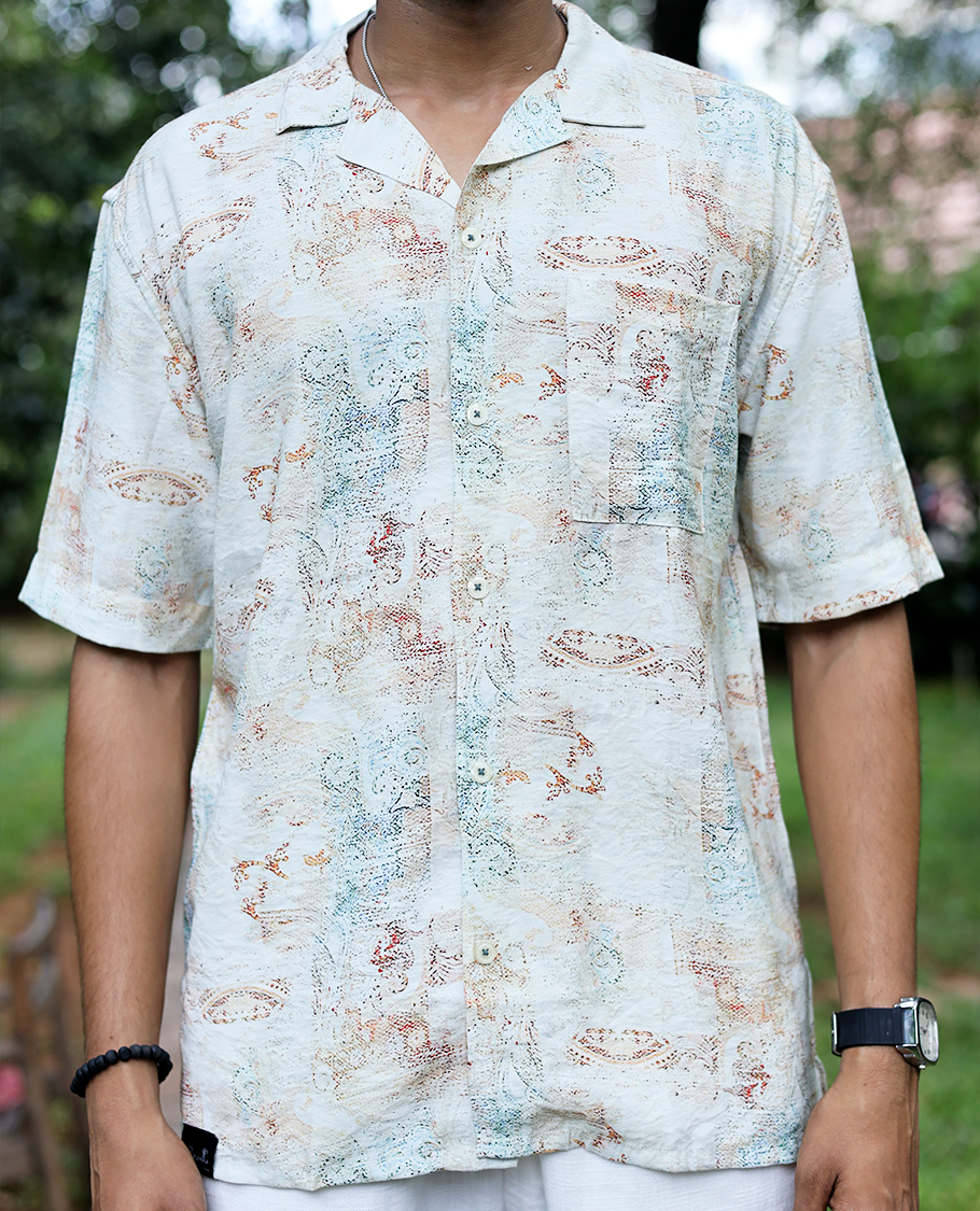 White Cotton-Blended Casual Shirt Adorned with Abstract-Painting-Style Print, Half Sleeves, a Regular Fit, a Cuban Collar, and a Regular Length
