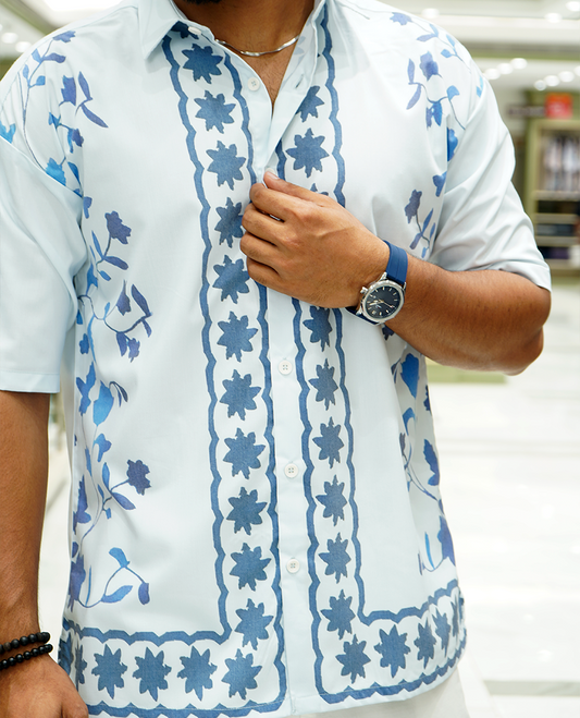Light Blue Cotton-Blended Casual Shirt Features Floral Vine Print, Full Sleeves, a Spread Collar, a Slim Fit, and a Regular Length