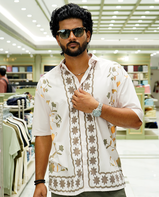 Cream Cotton-Blended Casual Shirt Features Floral Vine Print, Full Sleeves, a Spread Collar, a Slim Fit, and a Regular Length
