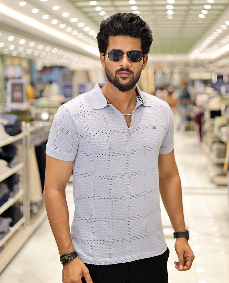 Grey Corduroy T-Shirt Comes with a Checked Texture, a Polo Neck, Half-Sleeves, a Slim Fit, and Regular Length