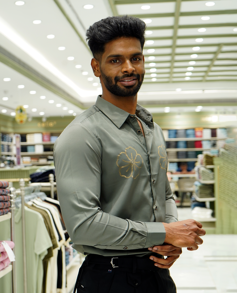 Olive Green Designer Party Wear Shirt Features Flower Work, a Spread Collar, Full Sleeves, a Slim Fit, and Regular Length