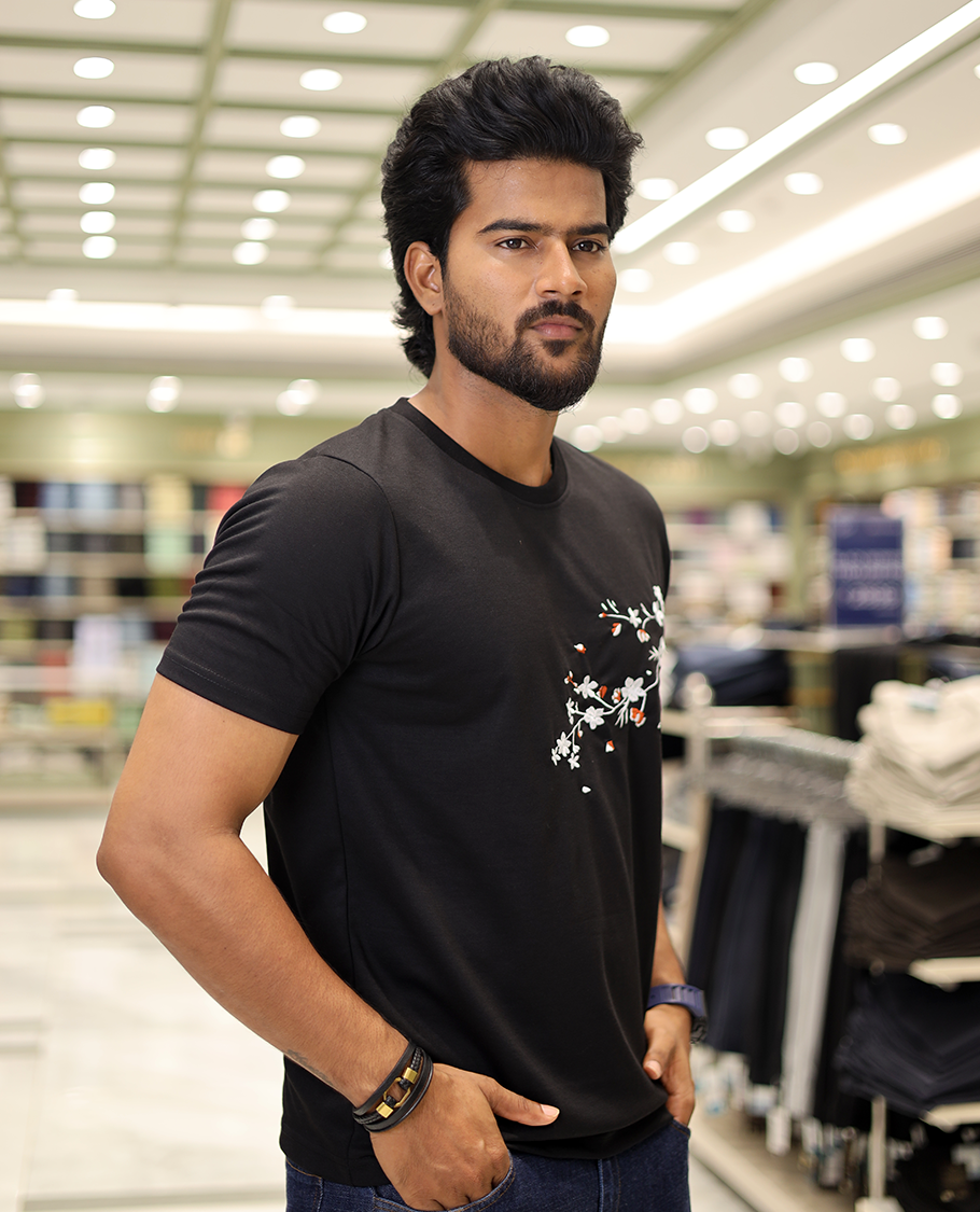 Black Cotton-Blended T-Shirt Comes with Floral Embroidered Motifs, Half-Sleeves, a Crew Neck, a Slim Fit, and Regular Length