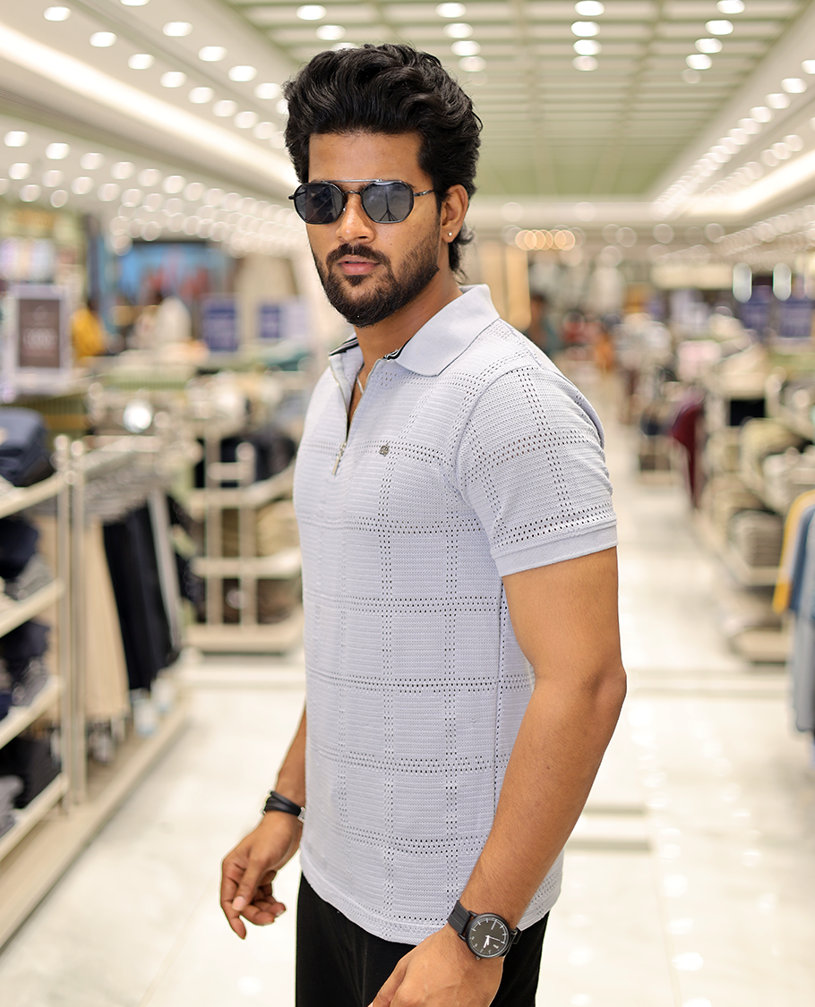 Grey Corduroy T-Shirt Comes with a Checked Texture, a Polo Neck, Half-Sleeves, a Slim Fit, and Regular Length