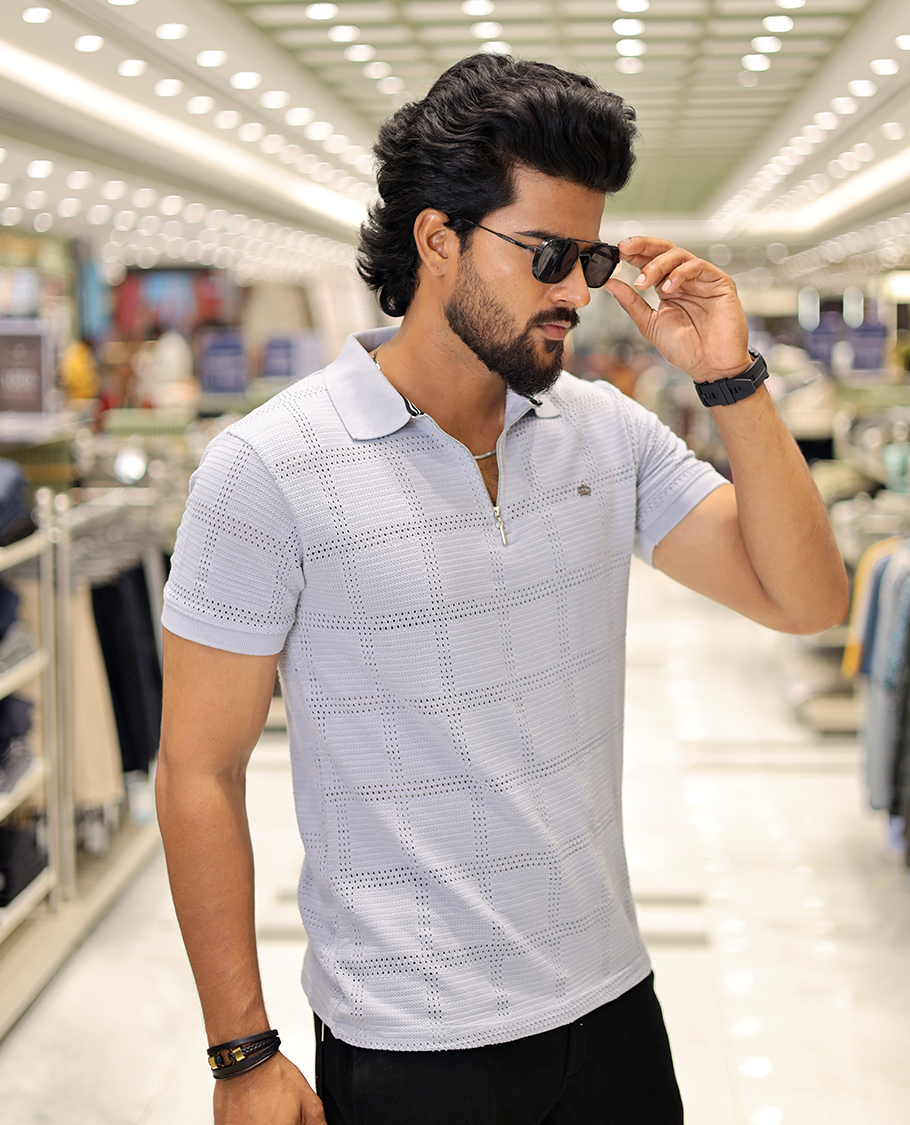 Grey Corduroy T-Shirt Comes with a Checked Texture, a Polo Neck, Half-Sleeves, a Slim Fit, and Regular Length