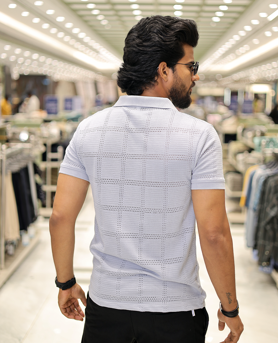 Grey Corduroy T-Shirt Comes with a Checked Texture, a Polo Neck, Half-Sleeves, a Slim Fit, and Regular Length
