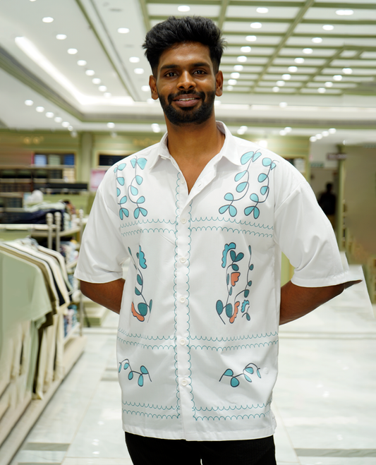 White Cotton-Blended Casual Shirt Features Floral Print, Full Sleeves, a Spread Collar, a Slim Fit, and a Regular Length