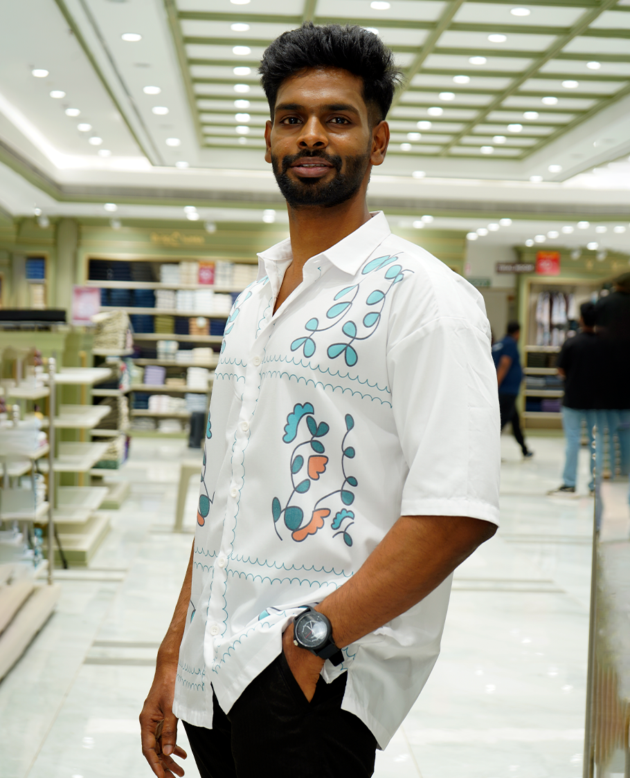 White Cotton-Blended Casual Shirt Features Floral Print, Full Sleeves, a Spread Collar, a Slim Fit, and a Regular Length