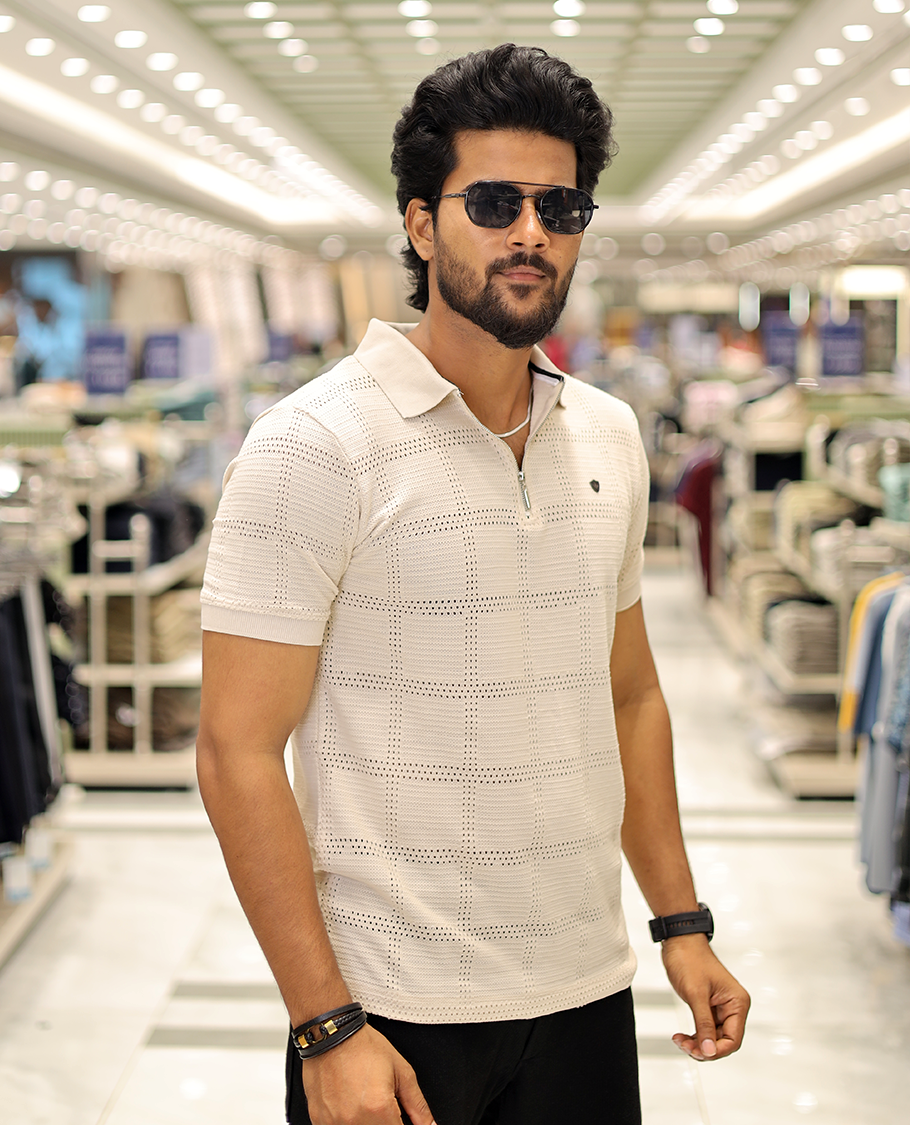 Cream Corduroy T-Shirt Comes with a Checked Texture, a Polo Neck, Half-Sleeves, a Slim Fit, and Regular Length