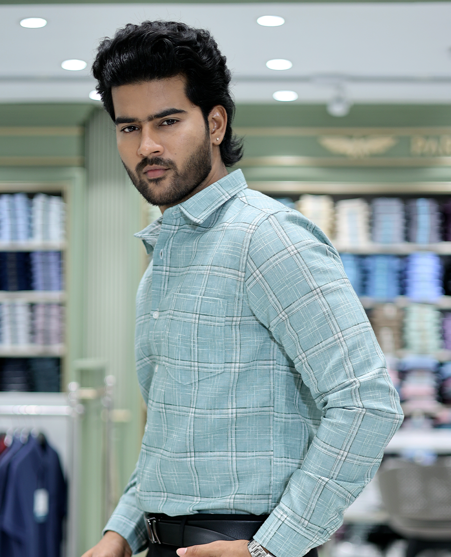 Green Checked Cotton Casual Shirt