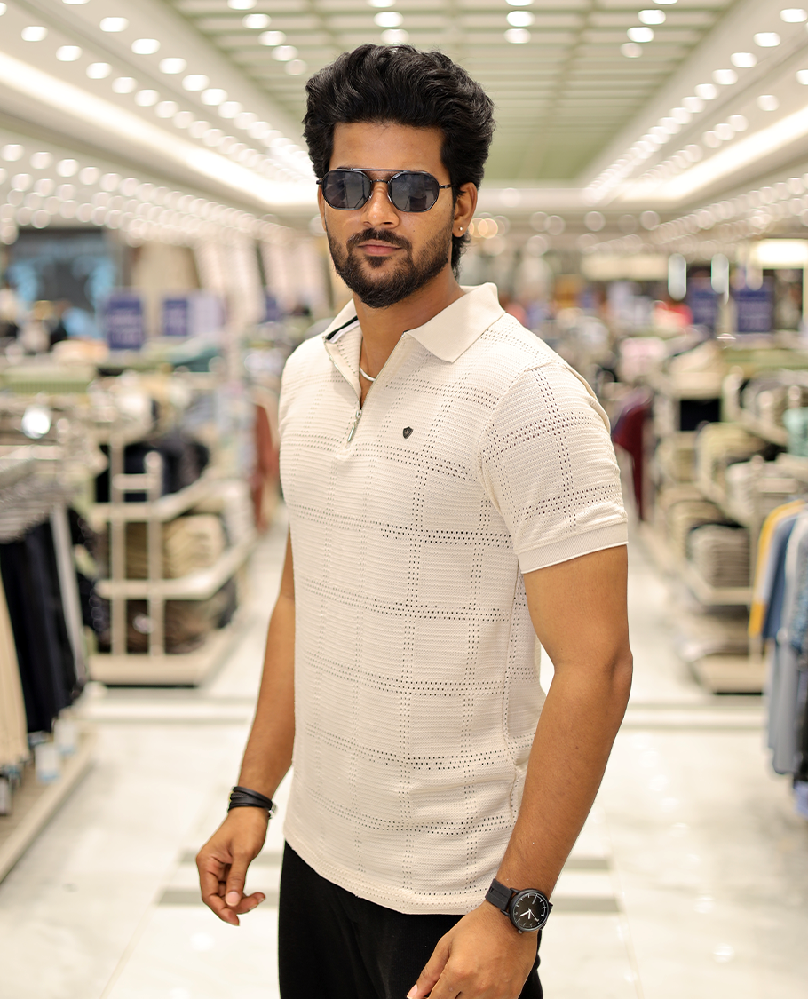 Cream Corduroy T-Shirt Comes with a Checked Texture, a Polo Neck, Half-Sleeves, a Slim Fit, and Regular Length