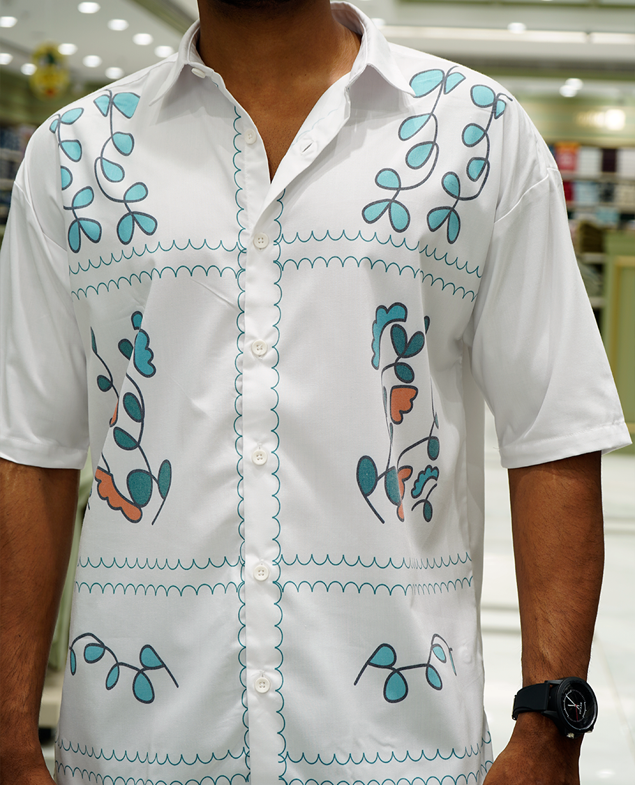 White Cotton-Blended Casual Shirt Features Floral Print, Full Sleeves, a Spread Collar, a Slim Fit, and a Regular Length