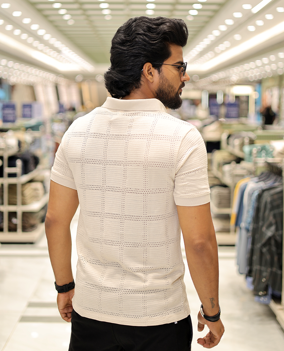 Cream Corduroy T-Shirt Comes with a Checked Texture, a Polo Neck, Half-Sleeves, a Slim Fit, and Regular Length