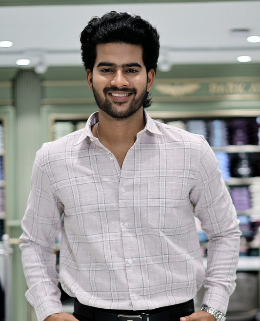 Taupe Checked Cotton Casual Shirt