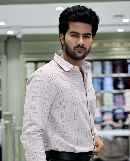 Taupe Checked Cotton Casual Shirt