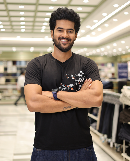 Black Cotton-Blended T-Shirt Comes with Floral Embroidered Motifs, Half-Sleeves, a Crew Neck, a Slim Fit, and Regular Length