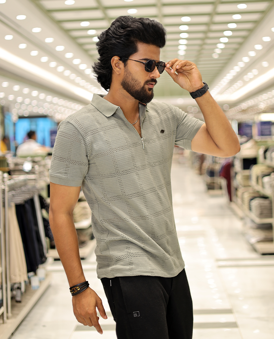 Green Corduroy T-Shirt Comes with a Checked Texture, a Polo Neck, Half-Sleeves, a Slim Fit, and Regular Length