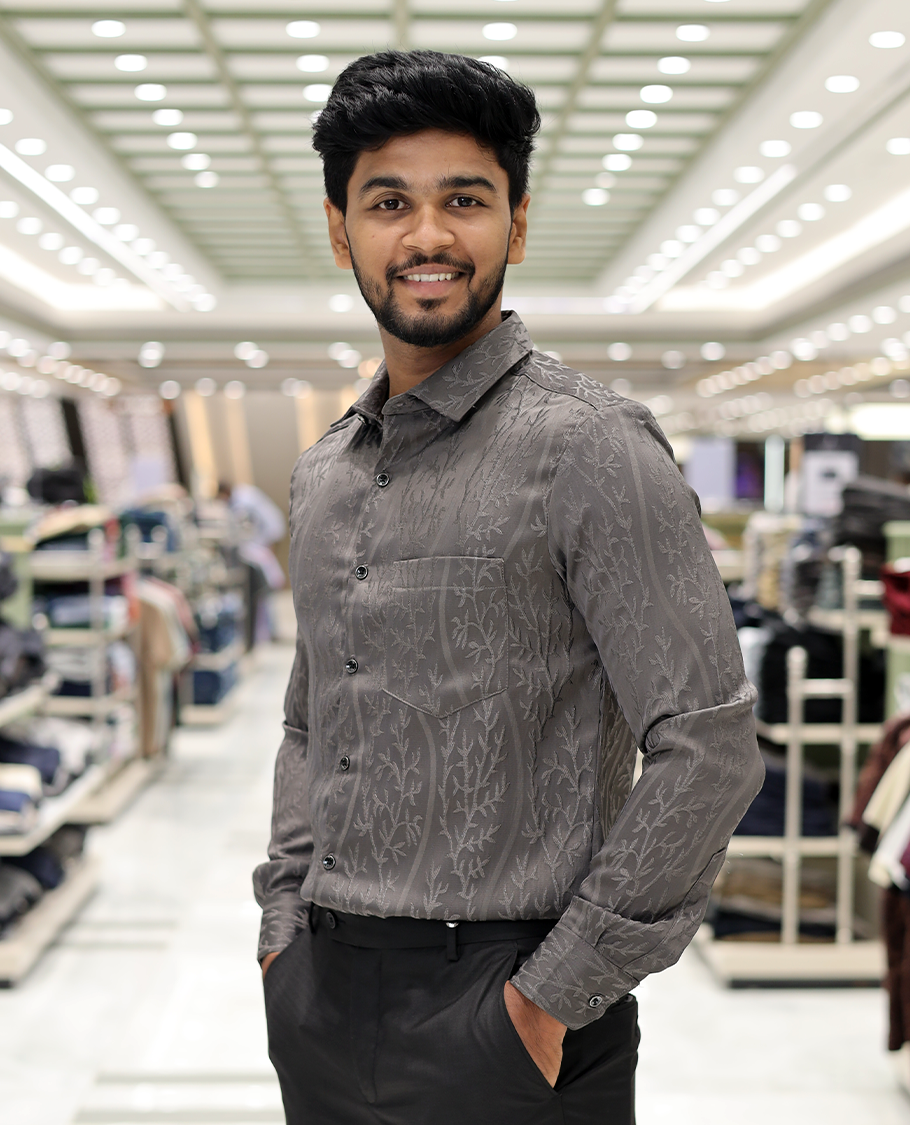 Grey Cotton-Blended Party Wear Shirt, Comes with Floral Vine Texture, Full Sleeves, a Spread Collar, a Slim Fit, and Regular Length