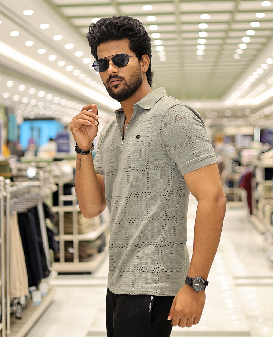 Green Corduroy T-Shirt Comes with a Checked Texture, a Polo Neck, Half-Sleeves, a Slim Fit, and Regular Length
