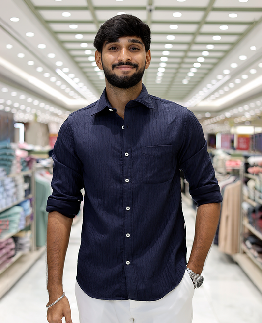 Navy Crushed Cotton-Blended Casual Shirt Features Full Sleeves, a Spread Collar, a Slim Fit, and Regular Length