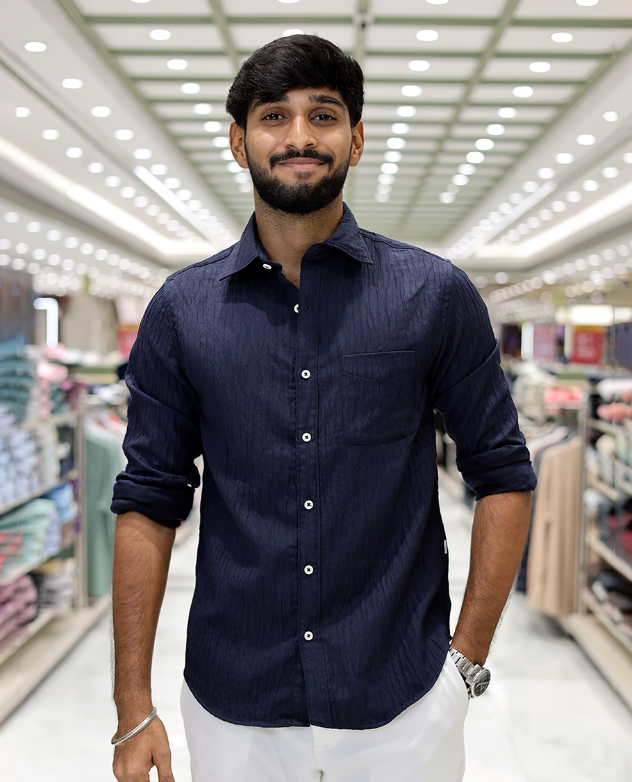 Navy Crushed Cotton-Blended Casual Shirt Features Full Sleeves, a Spread Collar, a Slim Fit, and Regular Length