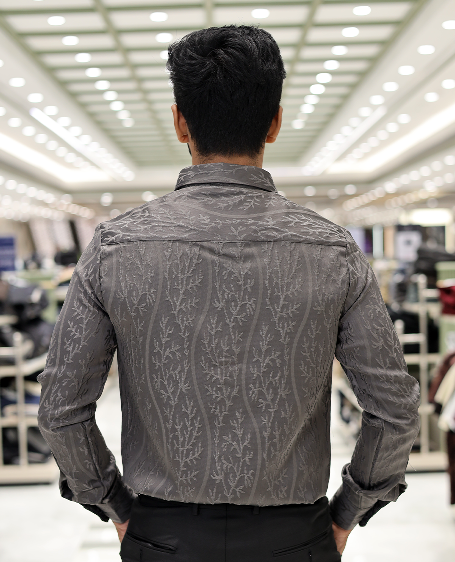 Grey Cotton-Blended Party Wear Shirt, Comes with Floral Vine Texture, Full Sleeves, a Spread Collar, a Slim Fit, and Regular Length