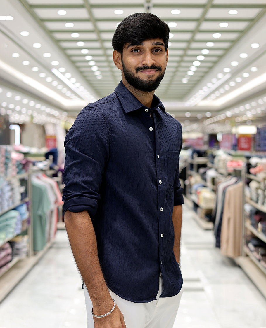 Navy Crushed Cotton-Blended Casual Shirt Features Full Sleeves, a Spread Collar, a Slim Fit, and Regular Length