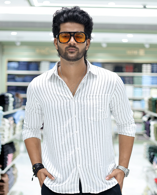 White Striped Poly-Blended Formal Shirt Comes with Full Sleeves, a Spread Collar, a Slim Fit, and a Regular Length