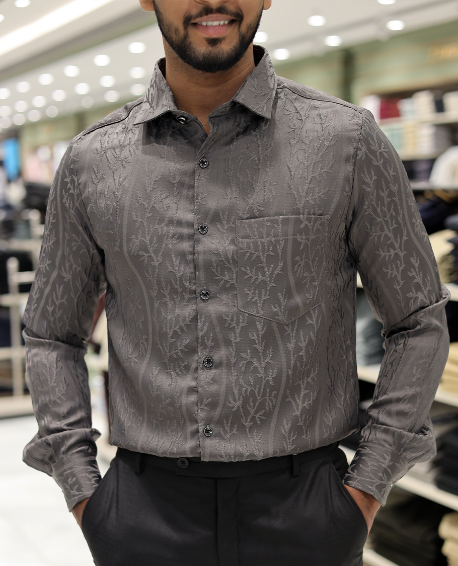 Grey Cotton-Blended Party Wear Shirt, Comes with Floral Vine Texture, Full Sleeves, a Spread Collar, a Slim Fit, and Regular Length