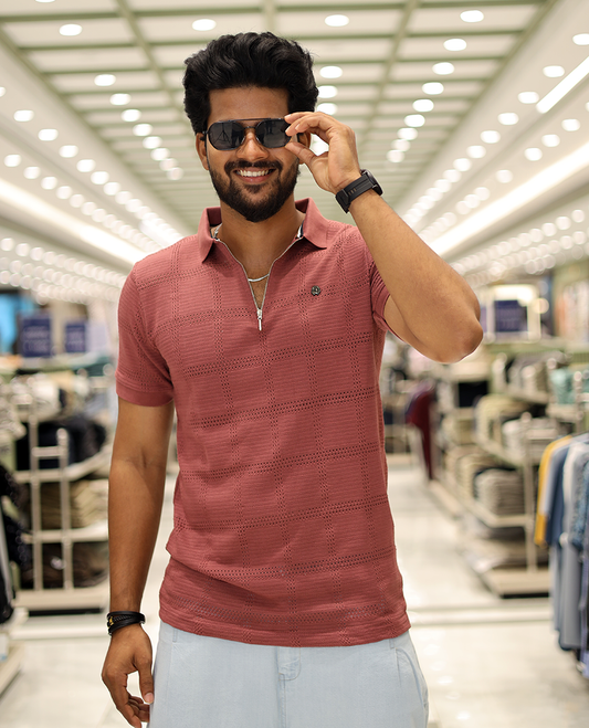 Red Corduroy T-Shirt Comes with a Checked Texture, a Polo Neck, Half-Sleeves, a Slim Fit, and Regular Length