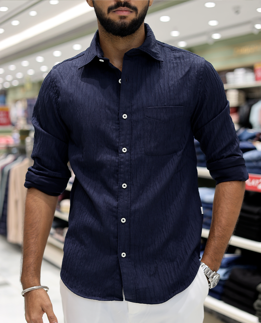 Navy Crushed Cotton-Blended Casual Shirt Features Full Sleeves, a Spread Collar, a Slim Fit, and Regular Length