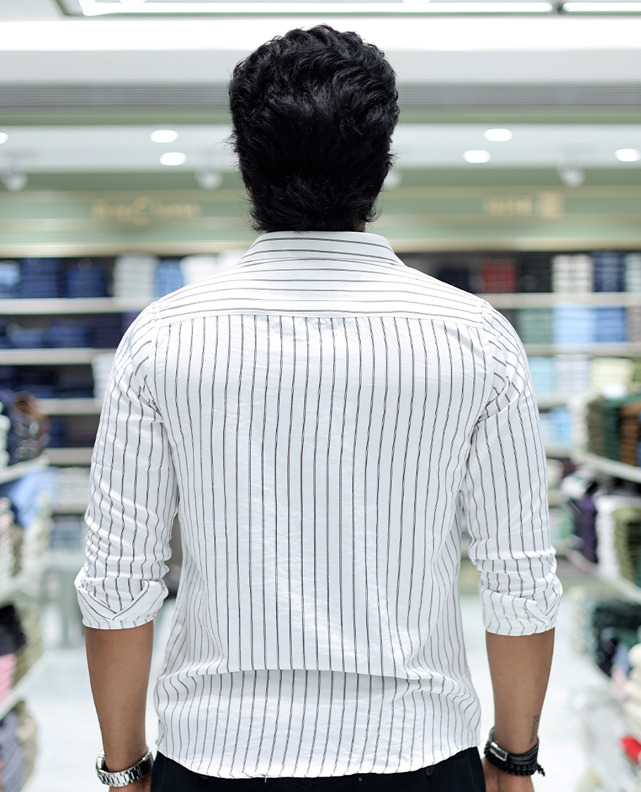 White Striped Poly-Blended Formal Shirt with Full Sleeves, Spread Collar,Slim Fit, Regular Length