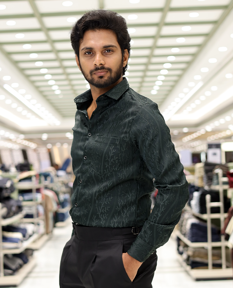 Green Cotton-Blended Party Wear Shirt, Comes with Floral Vine Texture, Full Sleeves, a Spread Collar, a Slim Fit, and Regular Length