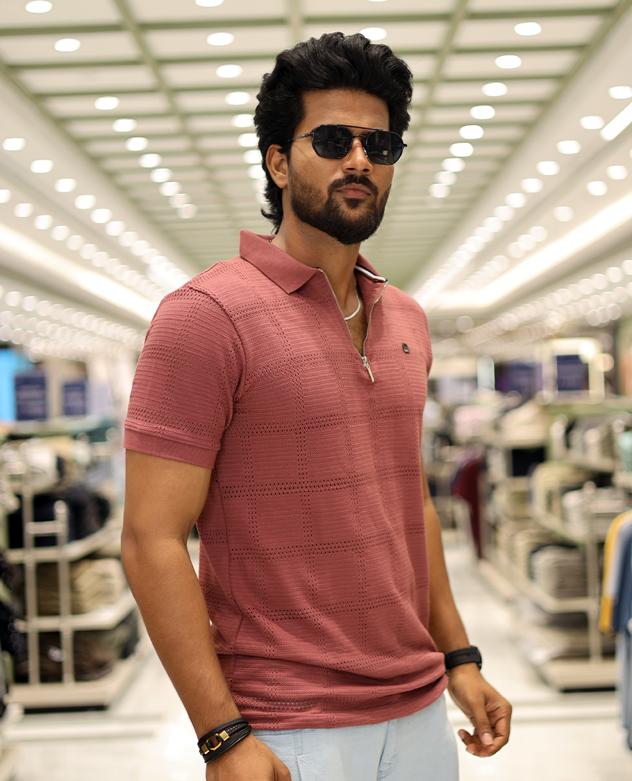 Red Corduroy T-Shirt Comes with a Checked Texture, a Polo Neck, Half-Sleeves, a Slim Fit, and Regular Length