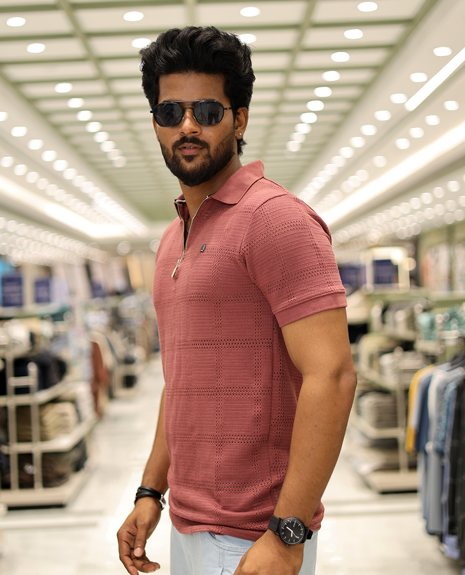 Red Corduroy T-Shirt Comes with a Checked Texture, a Polo Neck, Half-Sleeves, a Slim Fit, and Regular Length