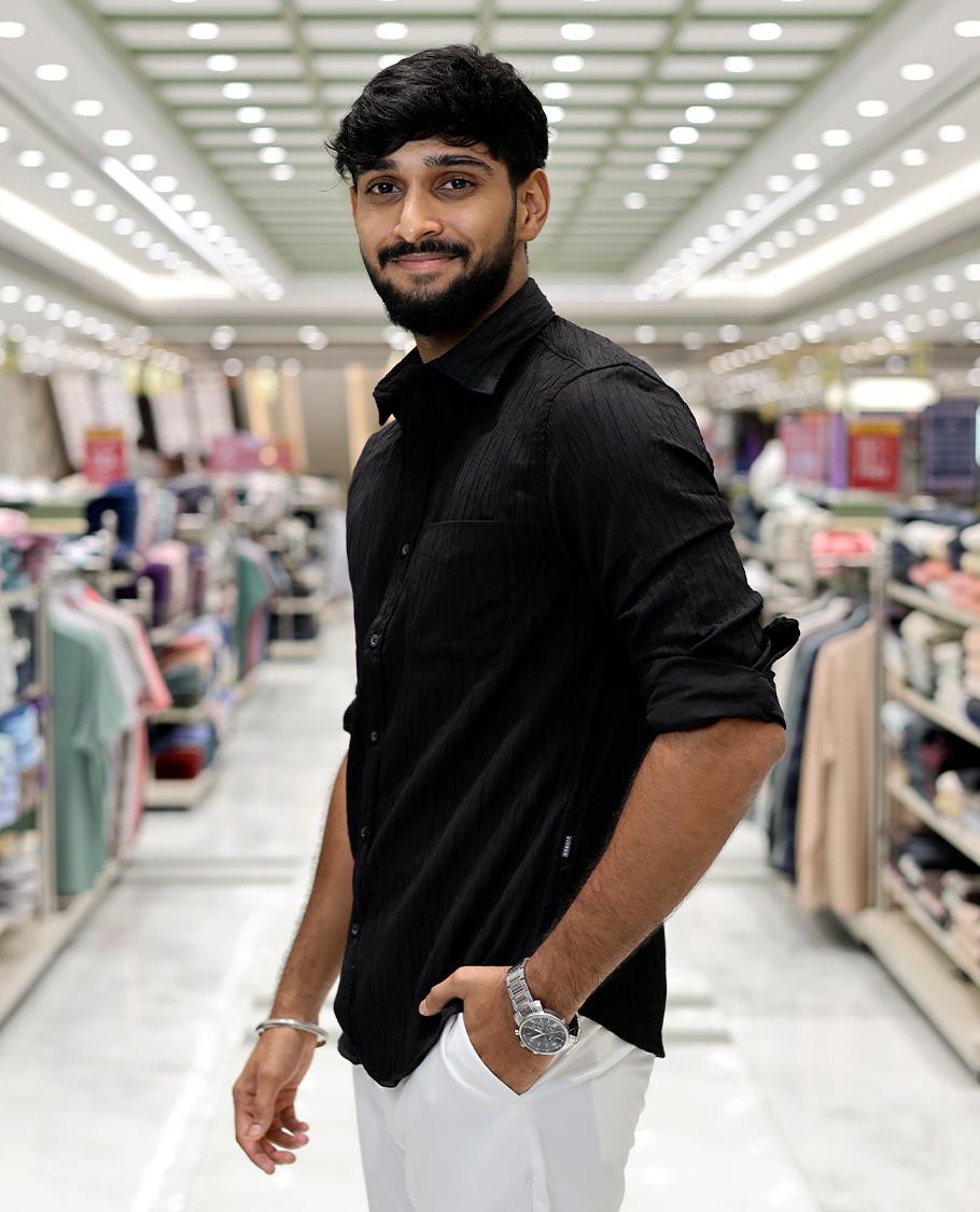Black Crushed Cotton-Blended Casual Shirt Features Full Sleeves, a Spread Collar, a Slim Fit, and Regular Length