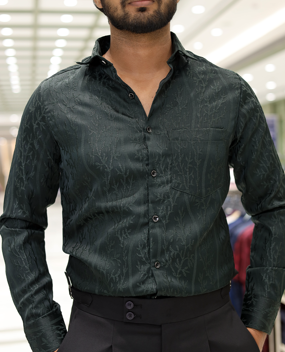 Green Cotton-Blended Party Wear Shirt, Comes with Floral Vine Texture, Full Sleeves, a Spread Collar, a Slim Fit, and Regular Length
