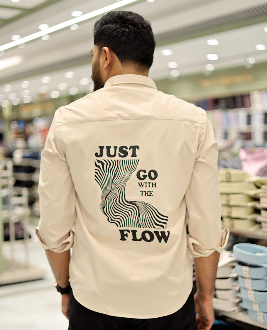 Cream Cotton-Blended Casual Shirt Features Life-Quotes Backprint, Full-Sleeves, a Spread Collar, a Regular Fit, and a Regular Length