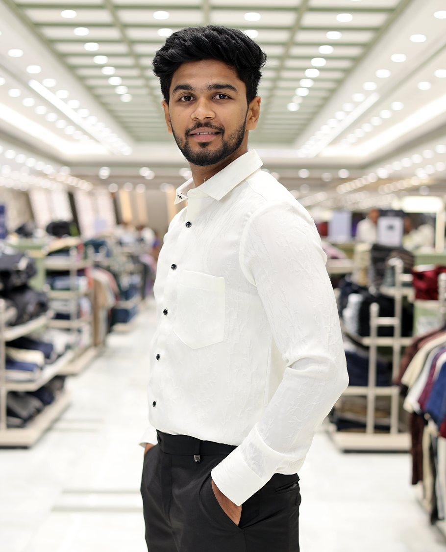 White Cotton-Blended Party Wear Shirt, Comes with Floral Vine Texture, Full Sleeves, a Spread Collar, a Slim Fit, and Regular Length